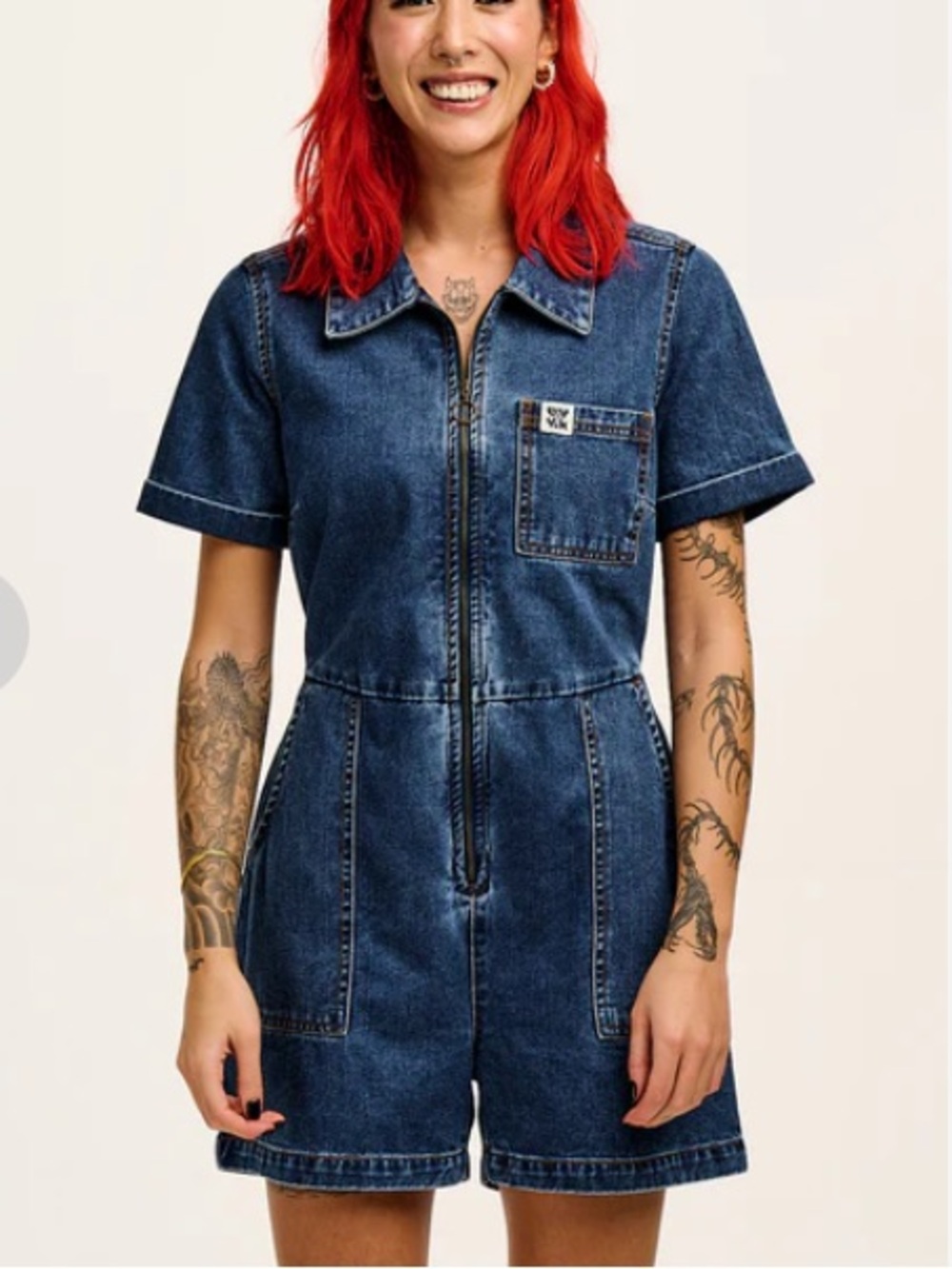 Lucy & Yak Dark Blue Denim Short Sleeve Zip Romper